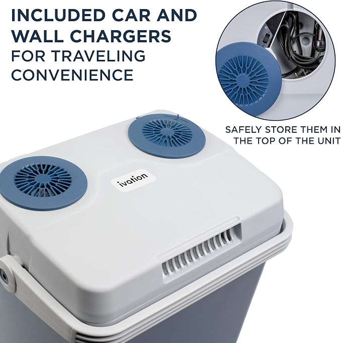 Ivation Electric Cooler & Warmer with Handle |27 Quart (25 L) Portable Thermoelectric Fridge For vehicles & Trucks| 110V AC Home Power Cord & 12V Car Adapter for Camping, Travel & Picnics