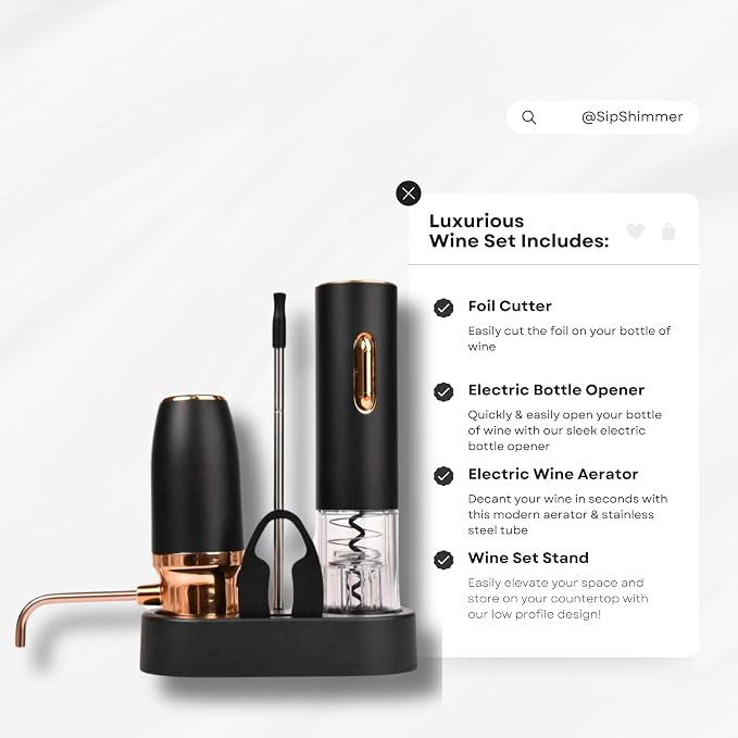Sip and Shimmer Modern Wine Gift Set, includes Wine Aerator, Wine Opener, Foil Cutter, and a Stand; Great as a Christmas Gift for a wine lover
