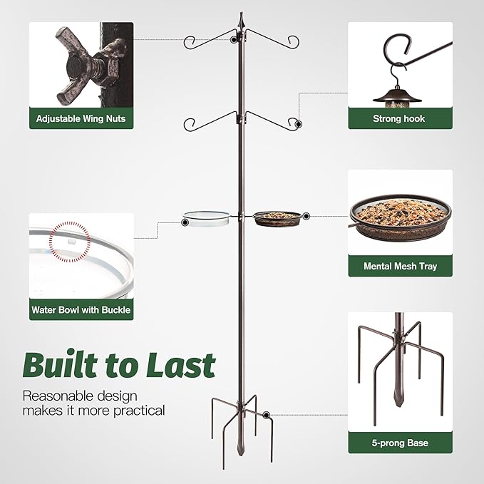 Bird Feeding Station Kit,81 Inch Metal Birds Feeder Stand with 4-Hook,Bird Bath and Mesh Tray,5-Prong Base