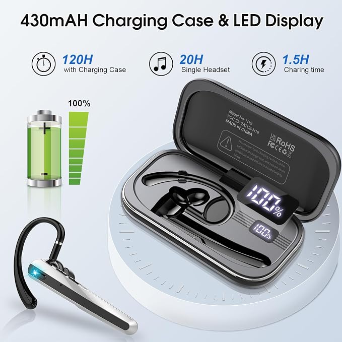 Atheewon Bluetooth Headset V5.3, Wireless Headset with ENC Noise Canceling Mic, 120Hrs Talk Single-Ear Bluetooth Earpiece, LED Display, IP7 Waterproof Hand-Free Earphone for Business/Trucker/Driver