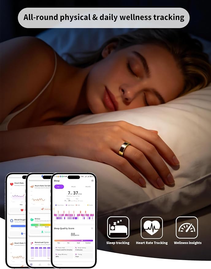 Smart Ring for Women Men Fitness Tracker Heart Rate Sleep Trends 128 Sports Modes Gesture Control Cycle Tracking IP68 Waterproof No Subscription Compatible with iPhone Android (Gold, Size 9)