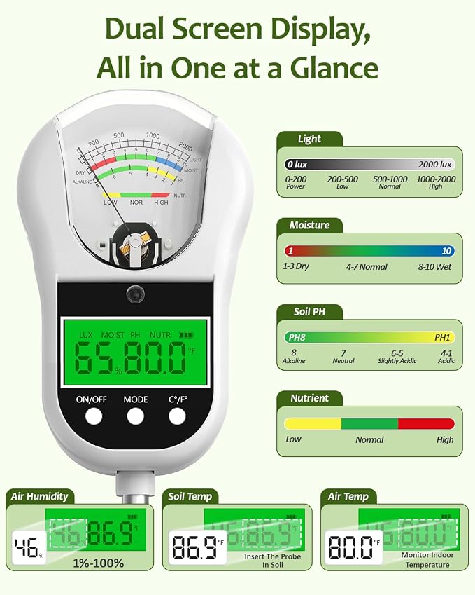 7-in-1 Soil Test Kit, Soil Moisture Meter/pH Meter/Light Intensity/Fertility/Air & Soil Hygrometer Temperature with Large Dual Display for Garden,Lawn, Farm, Indoor Outdoor Plants-Warm White