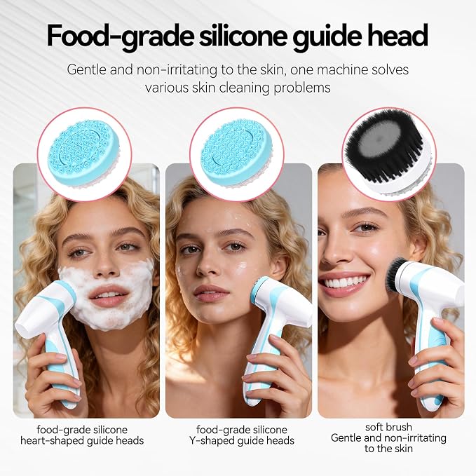 Rechargeable Facial Cleansing Brush – Dual Rotating Electric Face Scrubber with 3 Brush Heads, Waterproof Exfoliator for Deep Cleansing, Valentine's Day Gifts for Her, Mom (Blue)