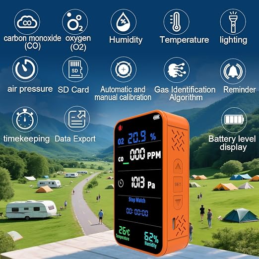 7-in-1 Portable Oxygen Detector for Indoor and Outdoor,288H Standby,O2 Detector with O2,Temperature,Humidity,Illumination,Room Oxygen Monitor for Car,RV,Camping,Travel (Orange)