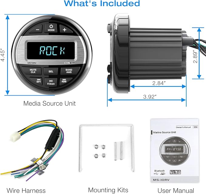 Bluetooth Marine Radio Boat Stereo: Waterproof Boat Audio Receiver - Digital Marine Grade Player with FM AM Radio USB AUX-in Subwoofer Pre-Amp EQ