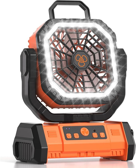 Portable Rechargeable Fan 20000mAh,Cordless Battery Powered Camping Fan with LED Light& Remote,4 Speeds Wind,USB, Timer,Oscillating for Travel Tent,Rv Camping Essentials (Orange)