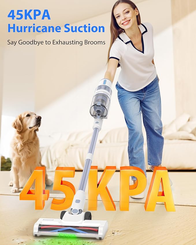 Cordless Vacuum Cleaner, 45KPA Stick Vacuum Cleaners for Home, 6-in-1 Rechargeable Lightweight Vacuum, Up to 35Mins Runtime