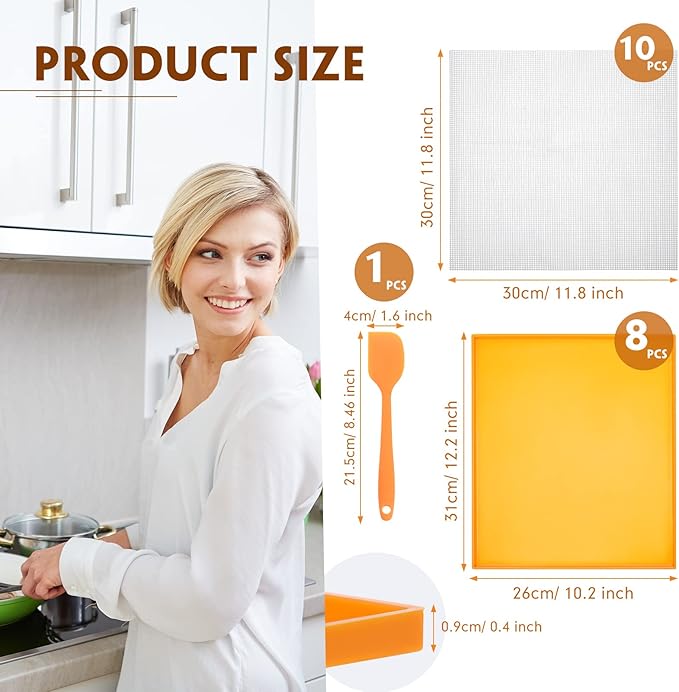 Thenshop 8 Silicone Dehydrator Mats & 10 Mesh Dryer Mats and 1 Baking Scraper, Reusable Non Stick Silicone Dehydrator Tray with Edge for Baking Fruits Meat Vegetables(Orange)