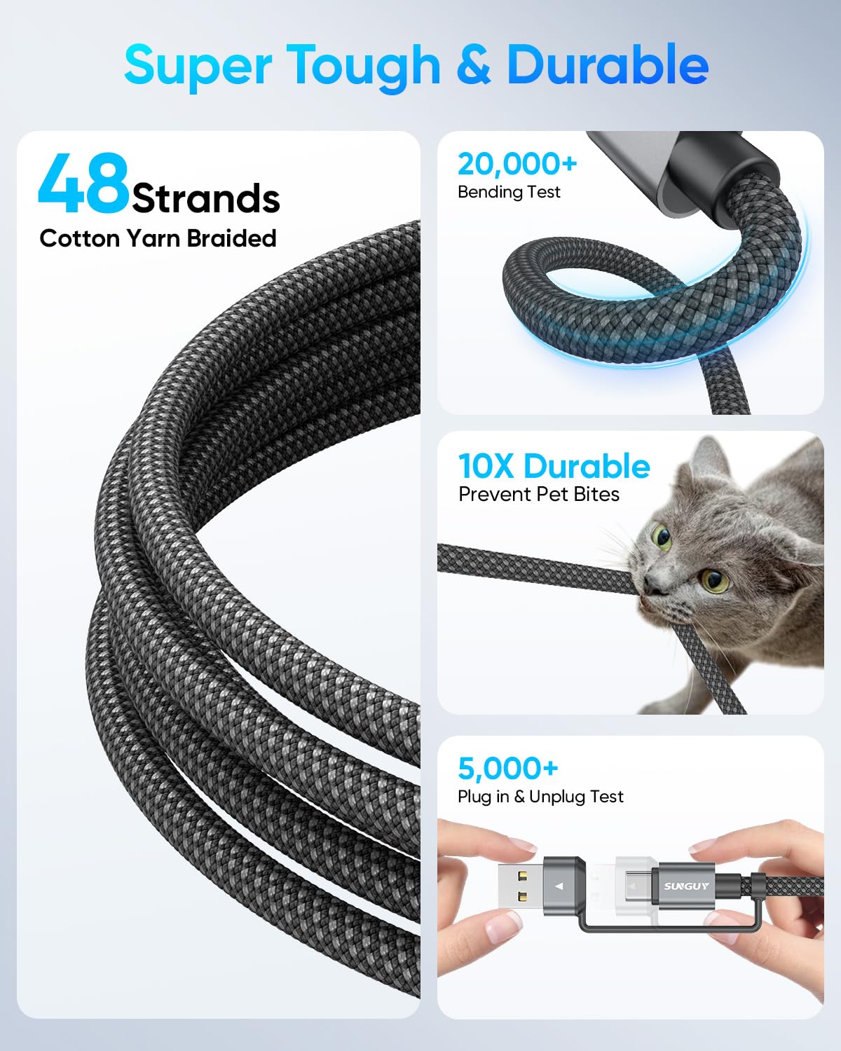 SUNGUY 4 in 1 Charging Cable 6FT [2 Pack], 60W Multi Charging Cable, USB-C/A to Lighting/C Cord for iPhone 16/15/14 Pro/iPad/MacBook/Samsung Galaxy S25/S24/Tablets