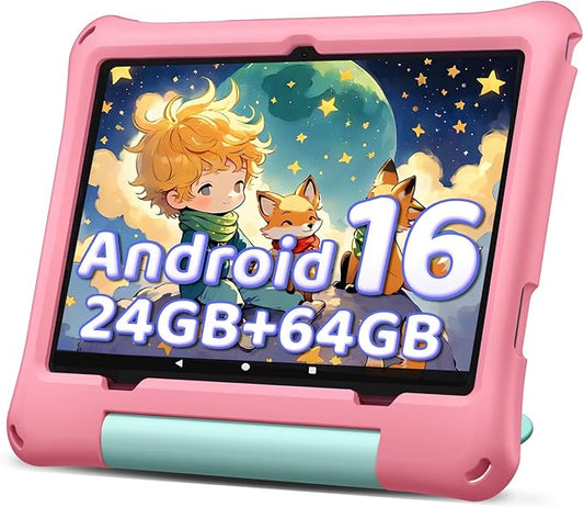 10 inch Kids Tablet, Android 16 Tablet for Kid, Octa-Core Processor, 24GB RAM, 64GB ROM 1TF Card Expandable for Toddler Children,Tablets with Case, Parental Control, 6000mAh,WiFi, BT5.0 (Pink)