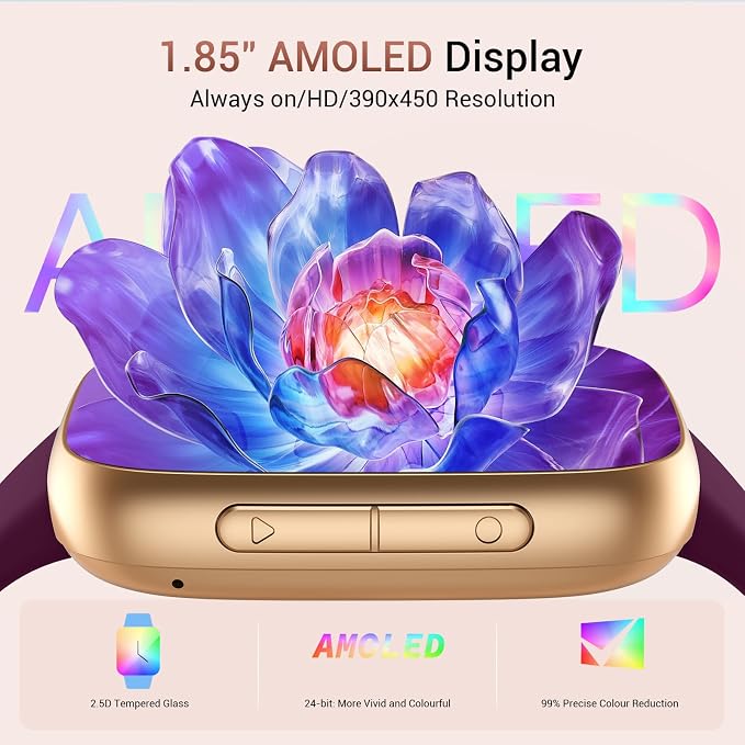 Smart Watch for Women, 1.85" AMOLED Always-On Display Screen Smartwatch for iPhone & Android, 3ATM Waterproof Fitness Tracker with Bluetooth Call, Heart Rate/Sleep/SpO2 Monitor, 120+ Sport Modes