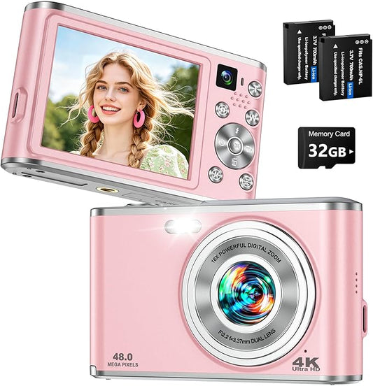 2026 Upgraded 48MP 4K Digital Camera for Photography Autofocus Dual Lens Compact Digital Camera with 16X Zoom, Anti-Shake, Flash, 2 Batteries, 2.8" Screen, Vlogging Camera for YouTube, 32GB Card