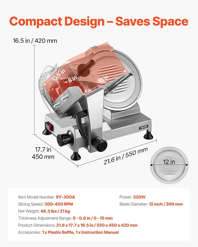 VEVOR Commercial Meat Slicer, 320W Electric Deli Food Slicer with 12" Carbon Steel Blade, Built-In Sharpener & 0-0.6" Adjustable Thickness for Frozen Meat, Ham, Baguett, Steak, UL Approved