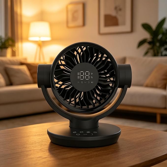 QLKUNLA Air Circulator Desk Fan with Remote, 6 Speeds 10dB Ultra Quiet, Rechargeable, Strong Airflow, LED Display, Table Fan for Bedroom Home Kitchen and Office