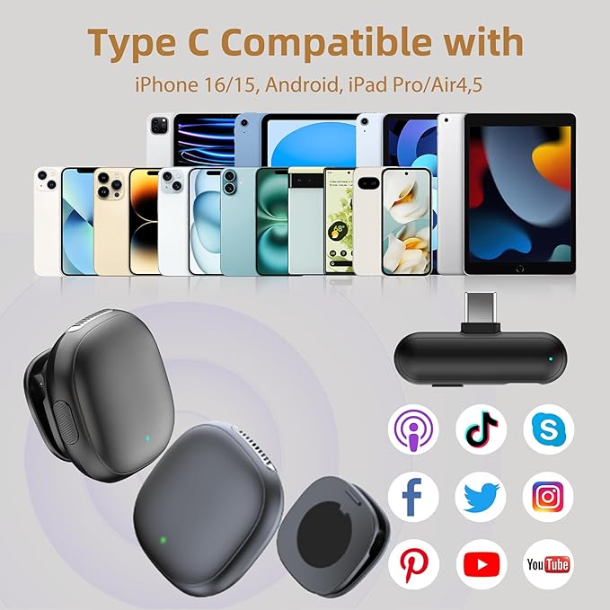 Phone Microphone AI Noise Filter - Wireless Lavalier Microphones for iPhone 17 Android with Charging Case Lapel Mic for Content Creators Video Audio Recording (Black, NV36 with USB Adapter)