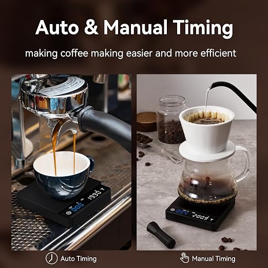 Metal Coffee Scale with Timer, Espresso Scale with Auto Timing, 3 Mode for Espresso Machine and Pour-Over, 2kg/0.1g High Precision Scale, Aluminum Body with LCD Display, Rechargeable