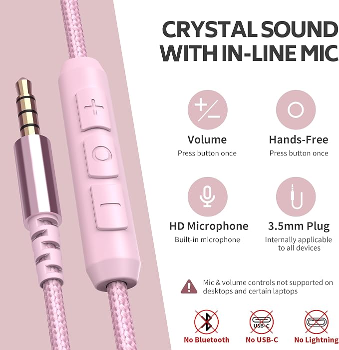 Wired Over-Ear Headphones with Microphone, Foldable Pink Headset with Passive Noise Isolating, Comfort Protein Leather Earcups for Teens, Women, Girls, 3.5mm Jack Laptop Headphones for Study, Work