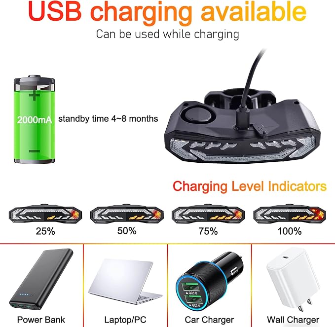 USUPERINK Turn Signals for Ebike, Bike Turn Signals, Bike Blinkers Front and Back, Bike Tail Light USB Rechargeable with Horn, IP65 Waterproof Anti-Theft Alarm, Auto On Off, for Bicycle,Ebike,Scooter