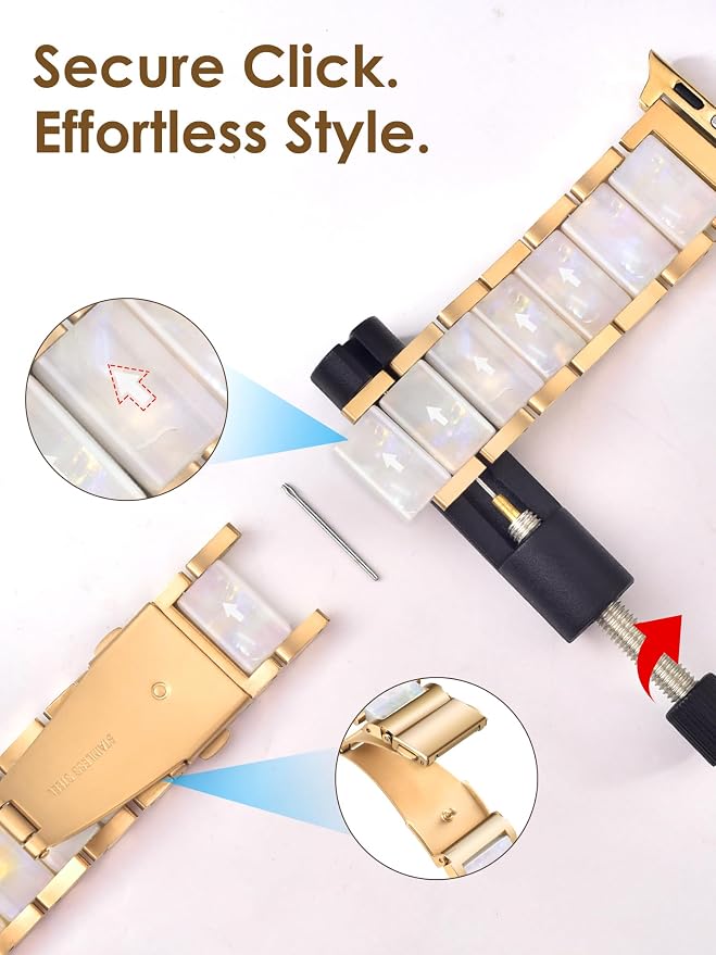 V.R.HOPE Apple Watch Band for Women 38mm 40mm 41mm 42mm Fashion Gold Stainless Steel Metal Strap with Resin Inlay, Fashion Bracelet Compatible with iWatch Series 11/10/9/8/7/6/5/4/3/2/1/SE (Fluorescent White+ Gold)