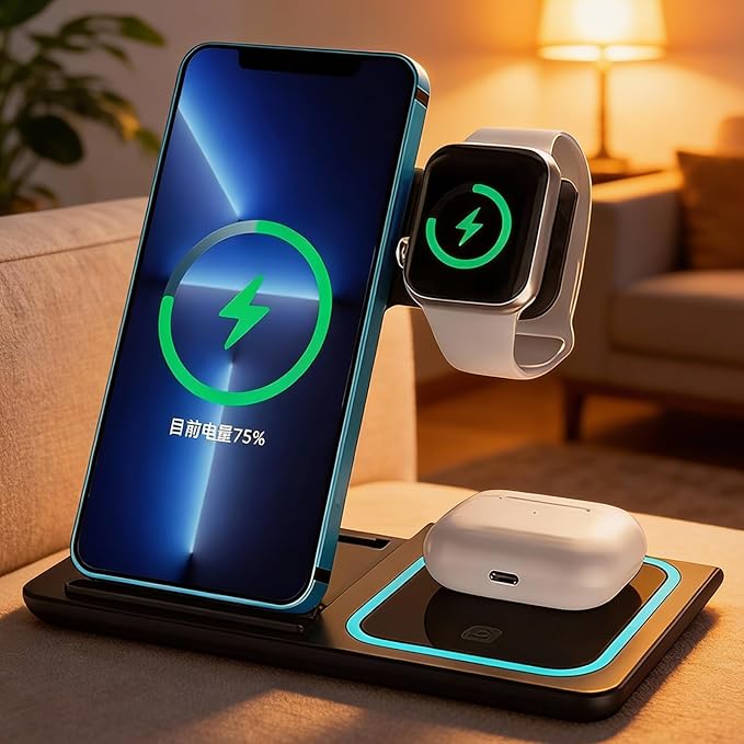 3-in-1 Foldable Wireless Charger with Night Light - 15W Fast Wireless Charger for Simultaneous Charging of Phone, Watch & Earbuds, Compatible with All Qi-Certified Devices,X455 Black.