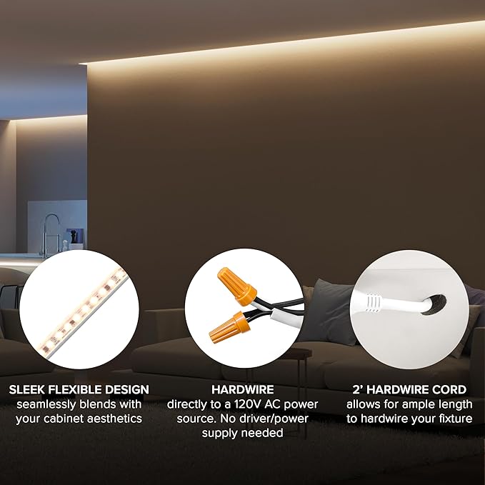 Maxxima 96 in. Hardwired LED Under Cabinet Strip Light, 3680 Lumens, 3000K Warm White, Kitchen and Living Room 120V White Cove Lighting, No Power Supply Needed