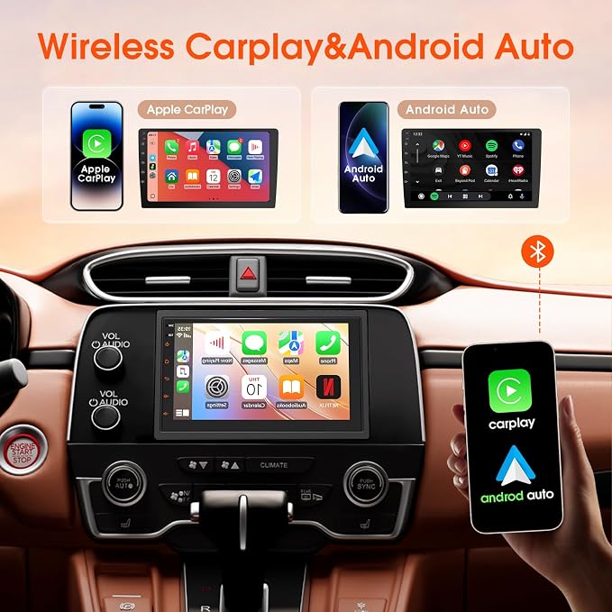 Haudio Double Din Car Stereo, 7 Inch HD Touchscreen with Wireless Apple Carplay & Android Auto, Mirror Link, Bluetooth 5.4, SWC, Subwoofer, 5.1 CHN, Backup Camera, 2+64GB, FM/AM Car Radio Receiver