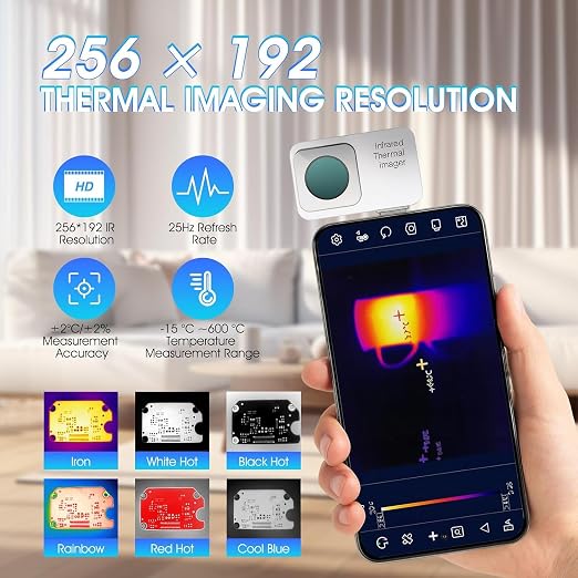 Mini Thermal Camera for Android, 256 x 192 IR Resolution Thermal Imager 25Hz Rate -15℃ to 600℃ Temp Range Optimized Temperature Accuracy, Works for Smartphones and Tablets (not for iOS)