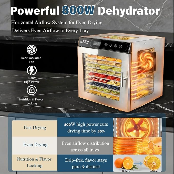 Food Dehydrator Machine, 10 Stainless Steel Trays Dehydrator for Jerky, Poweful 800w Food Dehydrators for Beef Jerky,Meat,Fruits,Herbs,Mushroom, 24H Timer 176°F Temperature Control Food (10 Trays)