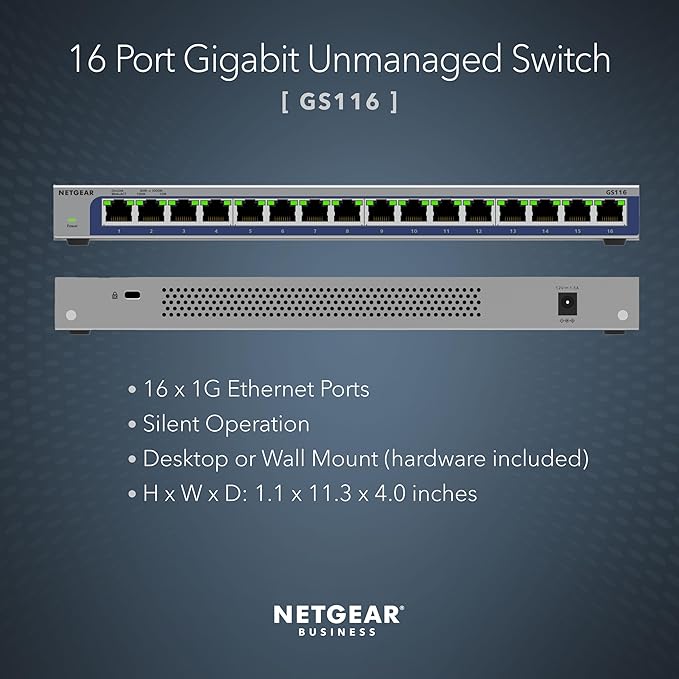 NETGEAR 16-Port Gigabit Ethernet Unmanaged Switch (GS316) - Desktop or Wall Mount, and Limited Lifetime Protection