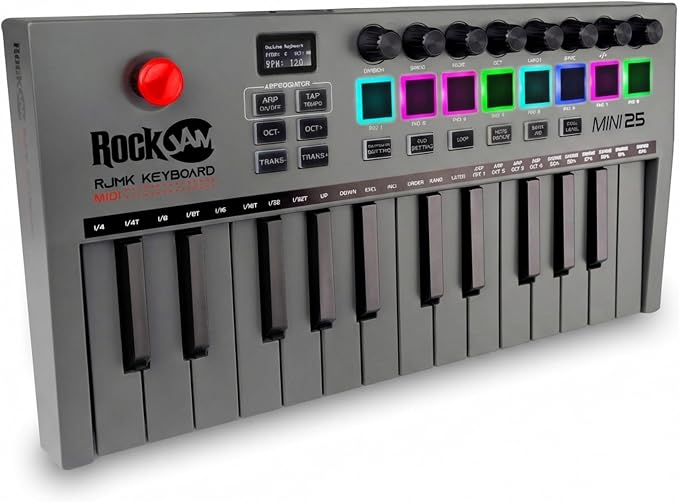 RockJam 25-Key Rechargeable USB MIDI Keyboard Controller – Mini Piano Keyboard with Velocity-Sensitive Pads, Synth Controller, Bluetooth/Wired MIDI, Arpeggiator, DAW Compatible