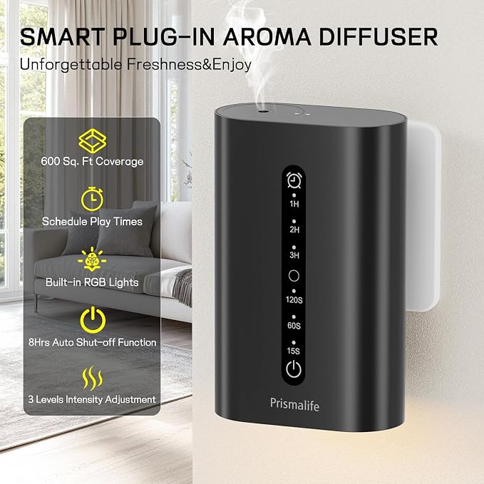 2026 Upgrade Smart Plug in Diffuser, Waterless Scent Diffusers for Home Cover Up to 800 Sq. Ft with 3 Mist Levels & Timers, Waterless Essential Oil Diffuser with RGB Lighting for Home, Office