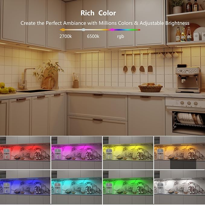 Smart Under Cabinet Lighting Plug In, RGB Multi Colored & White Work with Alexa, Google Assistant, APP, 12Inch Linkable LED Strip Lights Dimmable for Kitchen Counter, Shelf, Matte White Finished, 6PCS