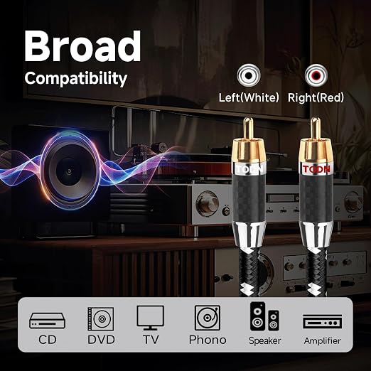 TODN Auidophile RCA Cables 10ft 4-Core-OFC Shielded for HiFi Home Audio | Noise Reduction, 24K Gold-plated Plug, Carbon Fiber Shell, RCA Male to RCA Male, Left and Right Channel, For Turntable/CD/Amp