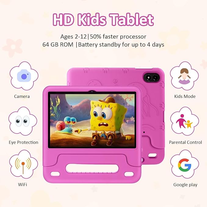 WXUNJA Android 15 Kids Tablet, 2025 Upgraded 10.1 Inch Tablets with Octa-core Processor, 6000mAh Battery, Kid Space, Parental Control,Pre-Loaded Kids Apps, 2.4/5GHZ Dual WiFi, Case Included, Red