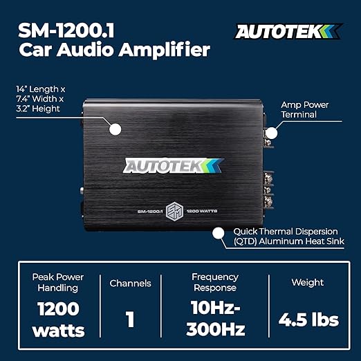 Autotek 1200 Watt 1 Channel Car Audio Amplifier, High Output Class A/B Mono Bridged 4 Ohm Stable Input, Street Machine, SM-1200.1, Black