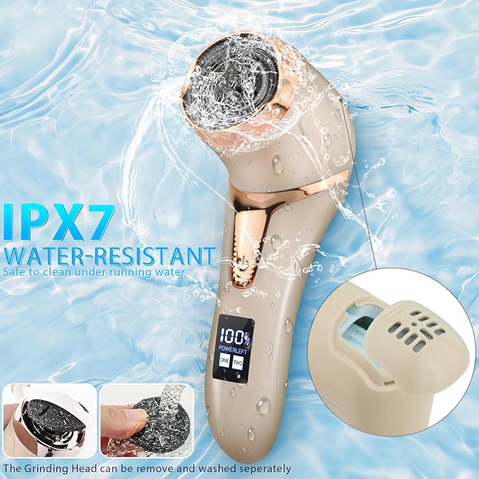 Callus Remover for Feet (with Dander Vacuum), Portable Pedicure Kit Foot File Callus Remover, Rechargeable Waterproof Foot File for Foot Care Deadskin Remover with 3Head&LCD Display, Gold
