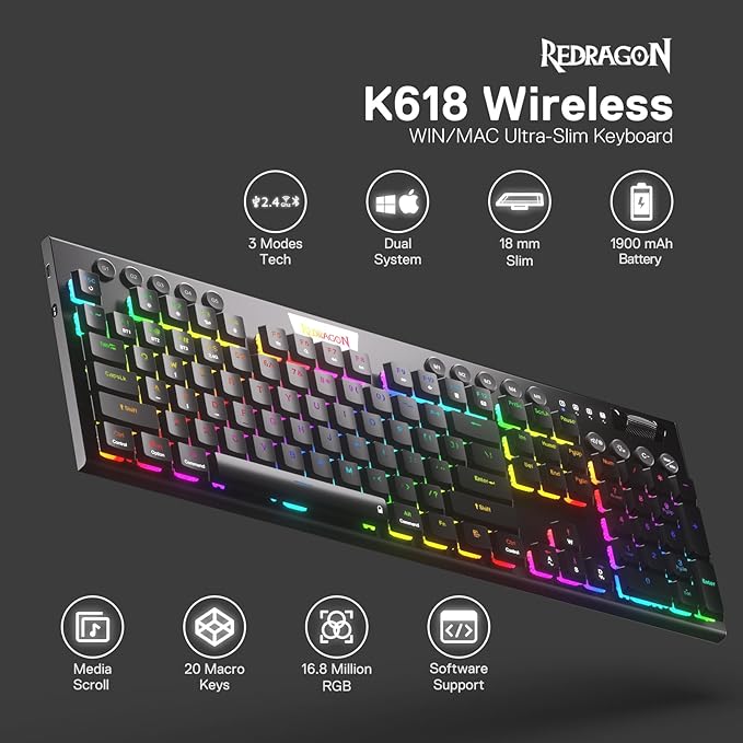 Redragon K618 PRO 3-Mode Wireless RGB Mechanical Keyboard, BT/2.4Ghz/Wired Low Profile Win/Mac Gaming Keyboard w/Ultra-Thin Design, Dedicated Media Control & Tactile Brown Switch