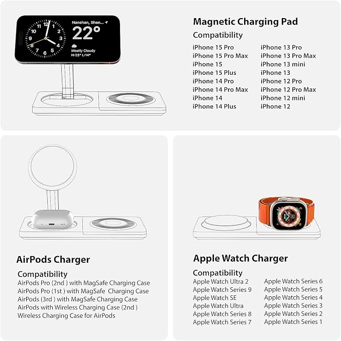 PETINO 3 in 1 Wireless Charging Station for Apple Devices with MagSafe | For iPhone 17/Air/16/15/14/13/12, AirPods & Apple Watch, Foldable Portable Aluminum Charging Stand, Adapter Included