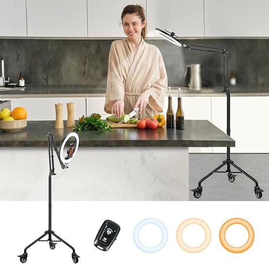 LUXSURE Tripod for iPhone with Ring Light, Overhead Camera Mount with Casters,LED Ring Light with Stand and Phone Holder,Phone Tripod with Light for Video Recording/Live Streaming/Cooking