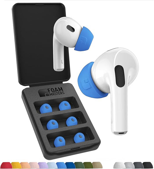 Foam Masters Ultra-Premium Memory Foam Ear Tips for AirPods Pro 1st & 2nd Gen | 3 Pairs | New Ver. | Secure Fit | Super Comfort | Better Noise Cancel | Replacement Buds (Small, Supercar Blue)