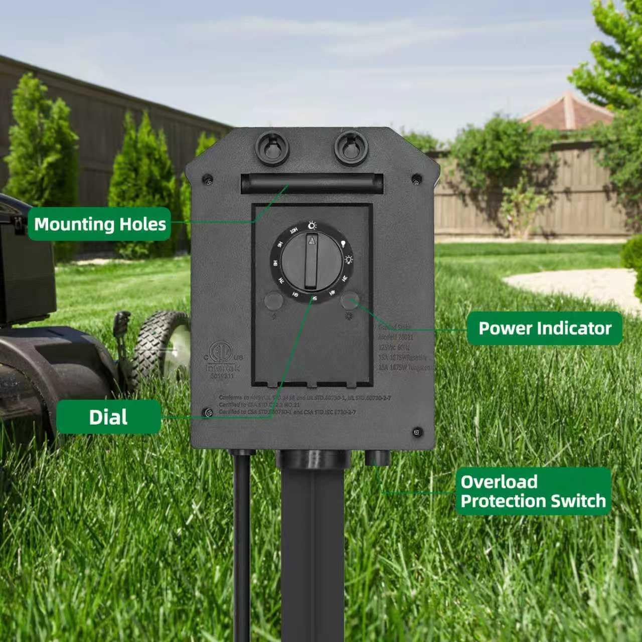 TiFFCOFiO Outdoor Power Strip Timer, Dusk to Dawn Light Sensor Countdown, 50 Feet Extension Cord Waterproof, 6 Grounded Outlets for Halloween and Christmas Decorations, ETL Listed (50 FT)