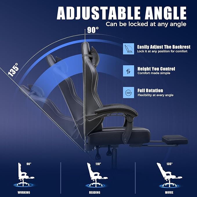 GTPLAYER Gaming Chair with Footrest, Recliner Chair with Headrest & Lumbar Support, Linkage Armrest,Ergonomic Gaming Chair 350lbs, High Back Office Home, Dark Black