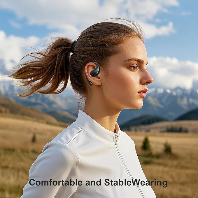 Open Ear Clip Wireless Earbuds Bone Conduction Headphones, Bluetooth 5.4, Conduction Headphones with 60Hrs Stereo Sound, Open Ear Design for Running Fitness,Built-in Mic,LED Display Charging Case
