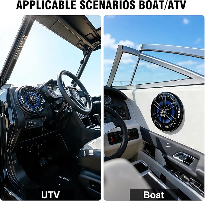Herdio 5.25" 250W Marine Speakers - IP66 Waterproof Coaxial Audio, with Blue LED Light for Boats, ATVs, UTVs with UV Resistant Black Grille (A Pair)