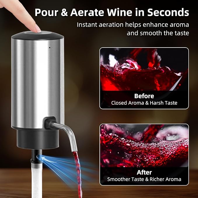 Wine Gifts-Electric Wine Opener and Aerator Set- Rechargeable Wine Dispenser Pourer, Wine Bottle Opener with Led Light, Foil Cutter, Vacuum Stoppers,Silver Set