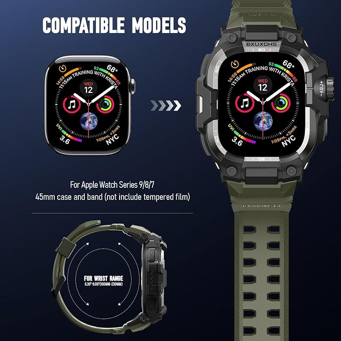 BXUXOHS Rugged Case and Band for Apple Watch 45mm Men, Compatible with Apple Watch Series 9/8/7, Military Grade Shockproof Bumper Cover, Tactical Band Case for iWatch 9/8/7 Man, Army Green