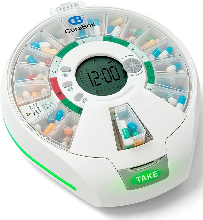 Automatic Pill Dispenser with 21 Individual Pods for Fresh Storage, Seniors-Friendly Smart Medication Organizer with Alarm & Light Alerts, Key Lock for Multiple Vitamins, Supplements, Prescriptions