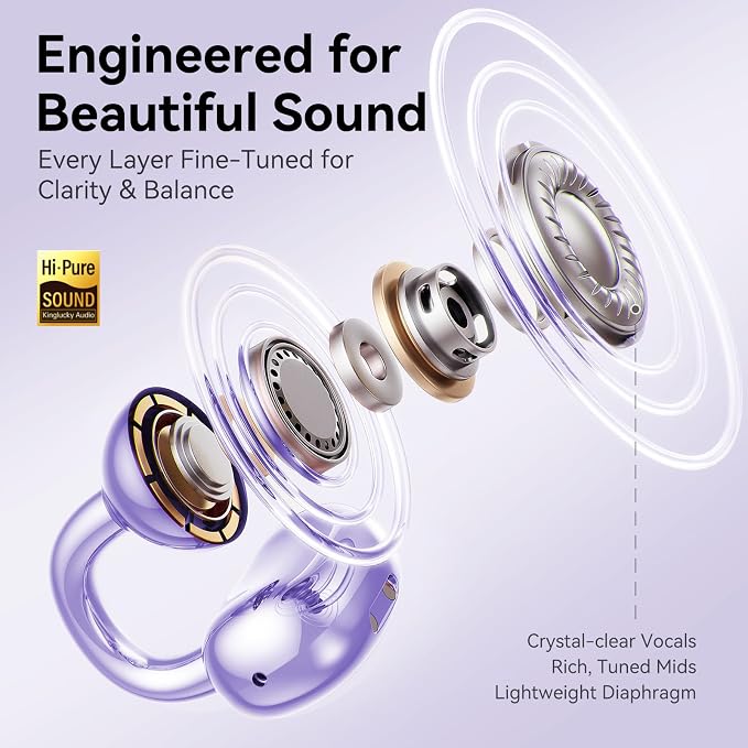 Kinglucky Gen2 Clip-On Earbuds with Butterfly Earrings, Charge & Store Without Removing Earrings, Comfortable Fit & 40H Playtime Bluetooth Open Ear Headphones for Women, Small Ears, Gifts (Purple)