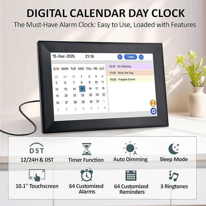 10.1" Touchscreen Digital Clock Large Display, Dementia Clocks for Seniors Custom 64 Alarms and Reminders, Auto DST, Auto-Dimming, Digital Alarm Clock with Day and Date for Elderly(Black)