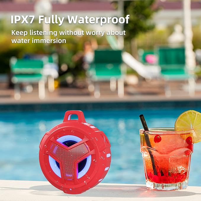 EBODA Bluetooth Shower Speaker, Waterproof Portable Speakers IPX7 Floating, True Wireless Stereo BT 5.0 Speaker with Bass, 2000mAh LED Light for Shower, Pool, Beach, Gifts for Women- Red